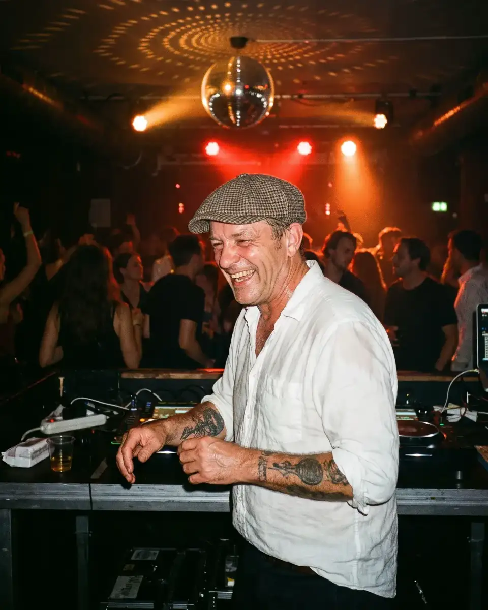 Porträt von Oskar Wiese mit Schiebermütze, lachend hinter dem DJ-Pult
