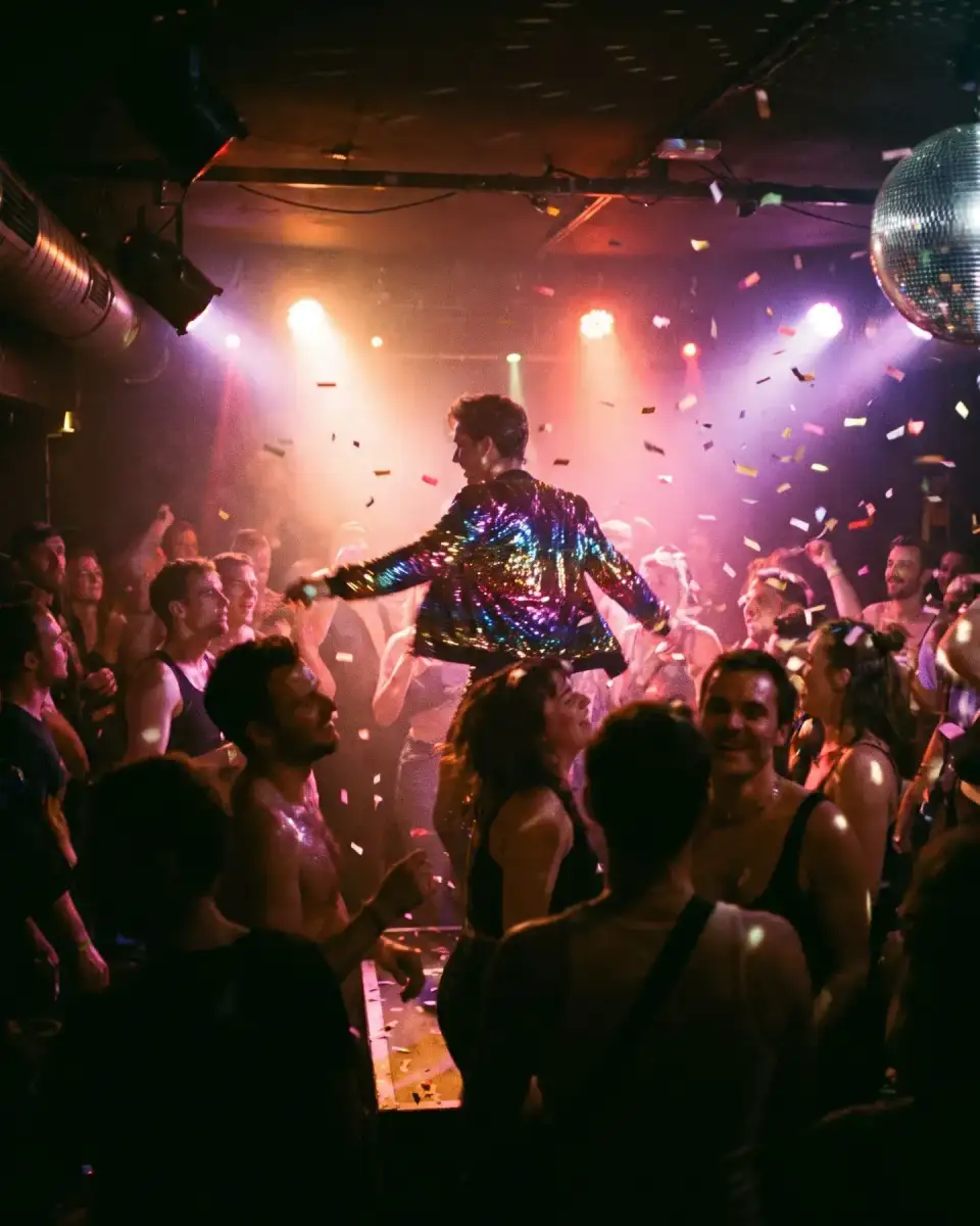 Artwork Glitzerkai: Tänzer in Paillettenjacke über der Menge, Konfetti im pinken Licht