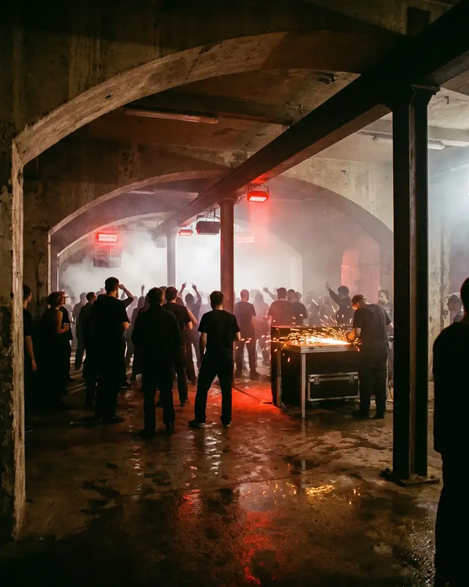 Artwork Stahlwerk: Betonhalle mit Stahlträgern, rotes Warnlicht und Nebel über nassem Boden