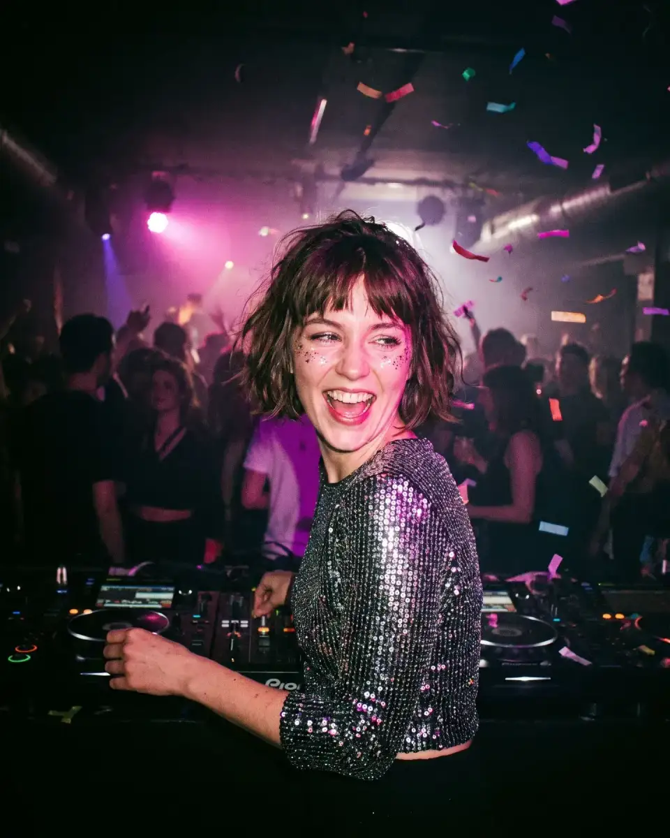 Tilda K. lacht am DJ-Pult, Konfetti in der Luft